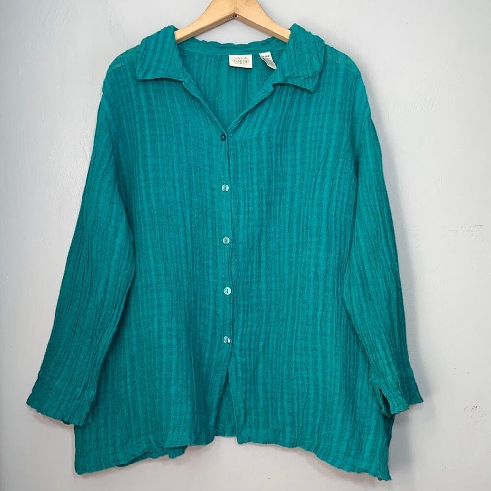 Teal Textured Button Up Shirt Plus Size 16 18W Linen Cotton Gauze Lagenlook Chic